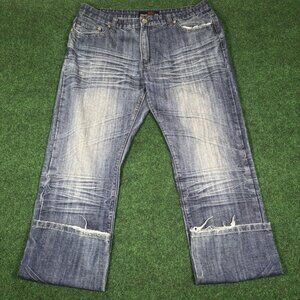 Vintage Raw Blue Denim Jeans Mens 38x34 Straight Leg Embroidered Cross Black